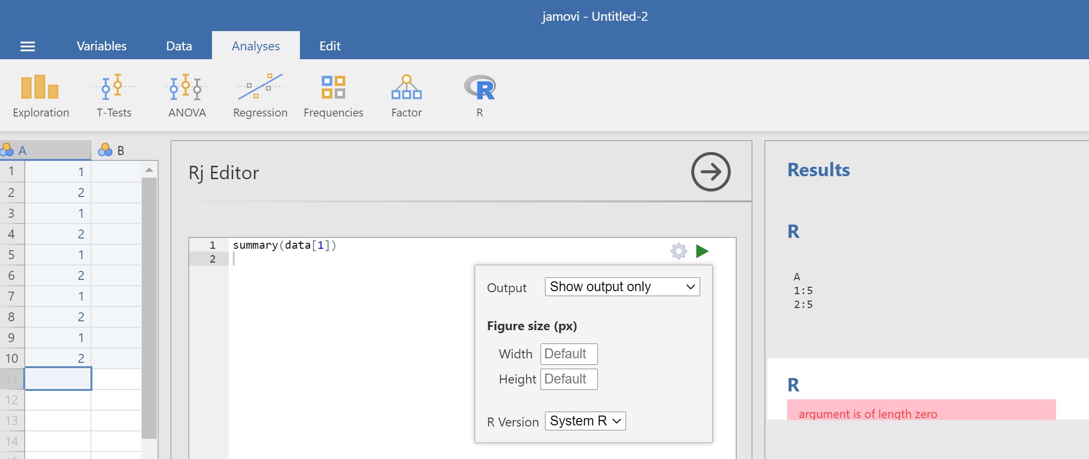 Screenshot showing the analysis works with the jamovi R option but not the system R option.