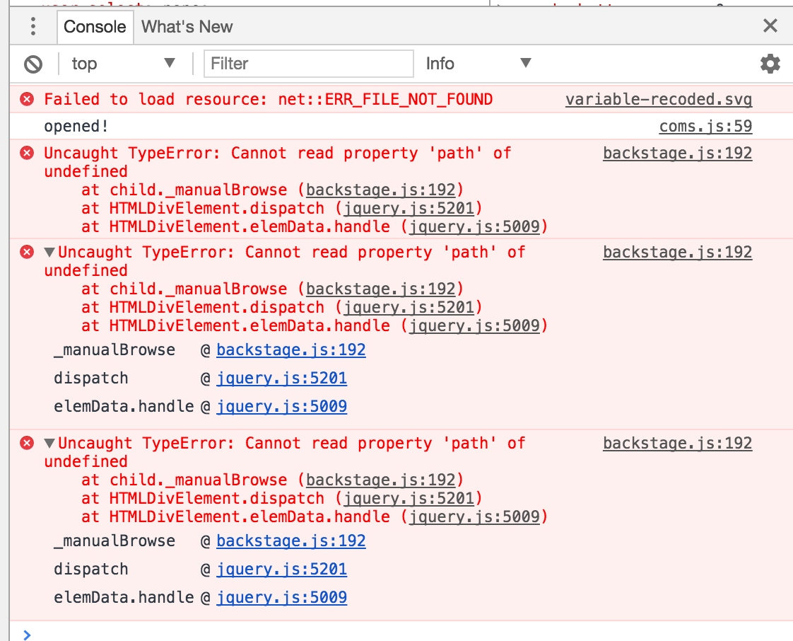 Console output on selecting 'Browse'.