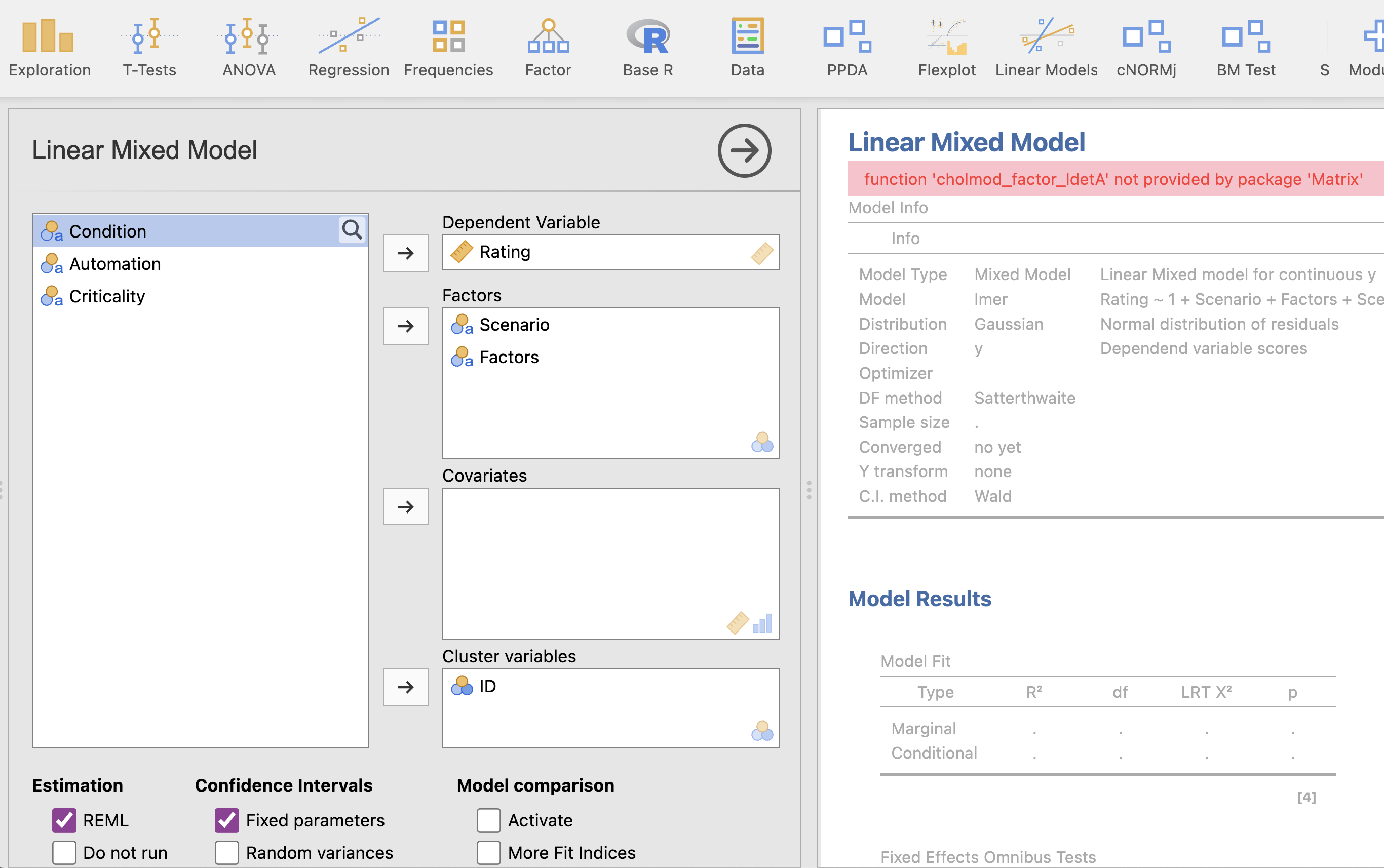 Screenshot GAMLj3- Linear Mixed model