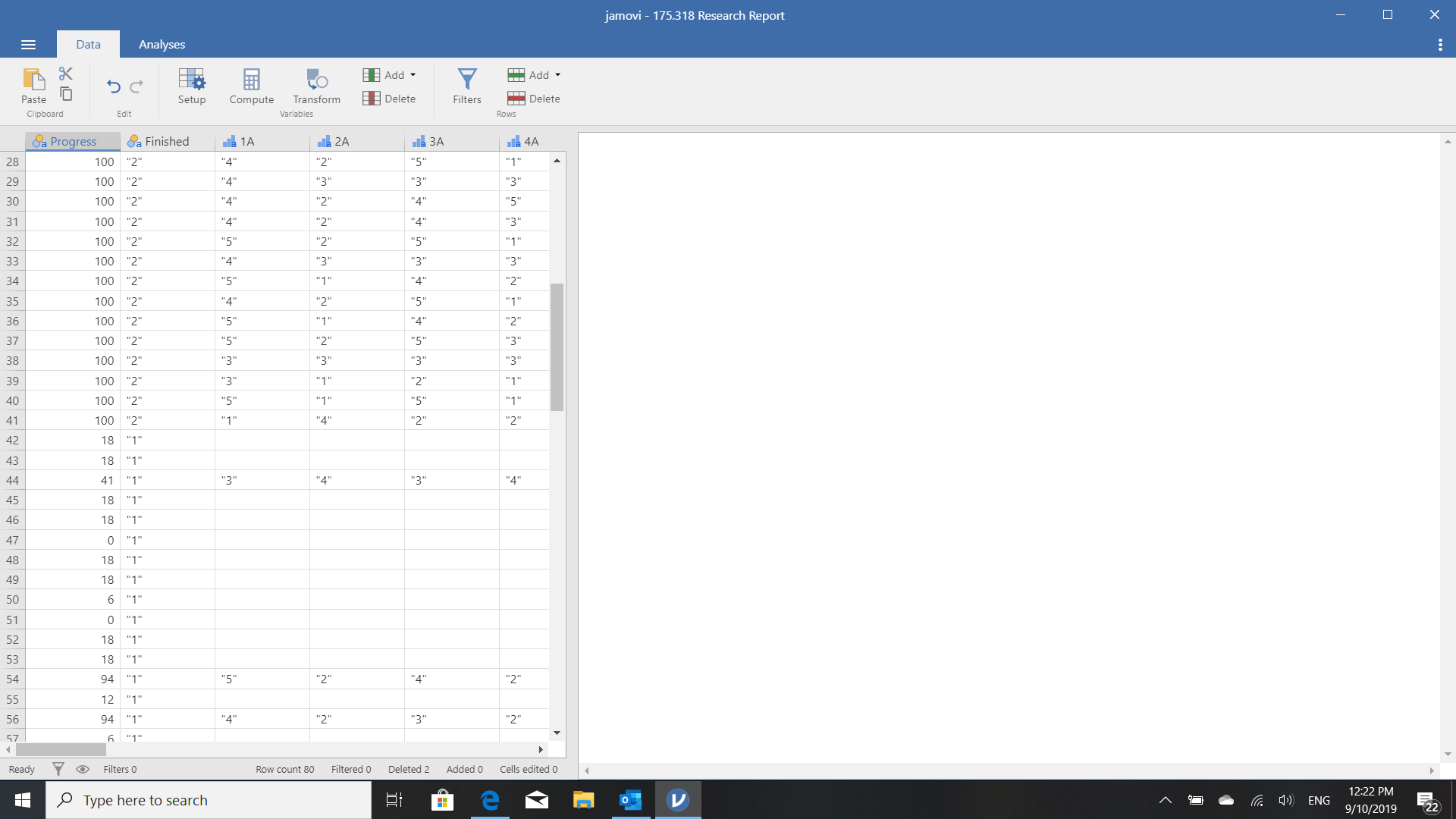 I am wanting to exclude the particpants who did not complete the survey, using the finished or progress column. Previously I have used ROW() != to exclude a single row. <br />I will try what you have done MAgojam thank you