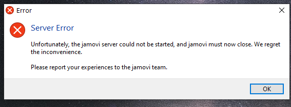 Here is the screenshot of the error that keeps popping up whenever I launch jamovi